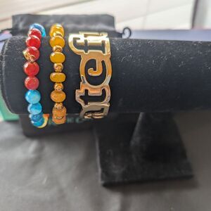 Rustic Cuff Red, Blue, Yellow and Gold Grateful 3 Bracelet Set